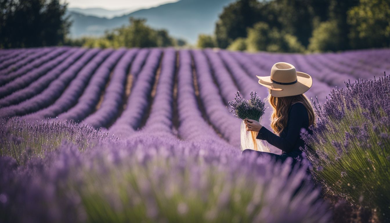 A photo of a lavender field with a diffuser releasing essential oils, featuring diverse models and a bustling atmosphere.