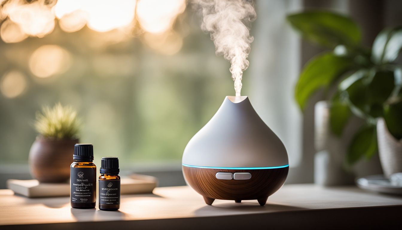 A small diffuser releasing essential oils in a tranquil home environment, with diverse faces and outfits.
