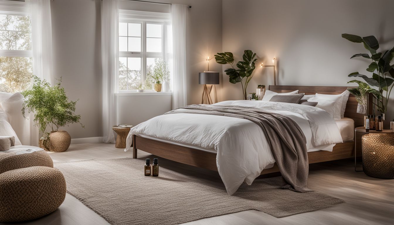 A serene bedroom with a diffuser, essential oils, and various elements of decor, captured in high-resolution.