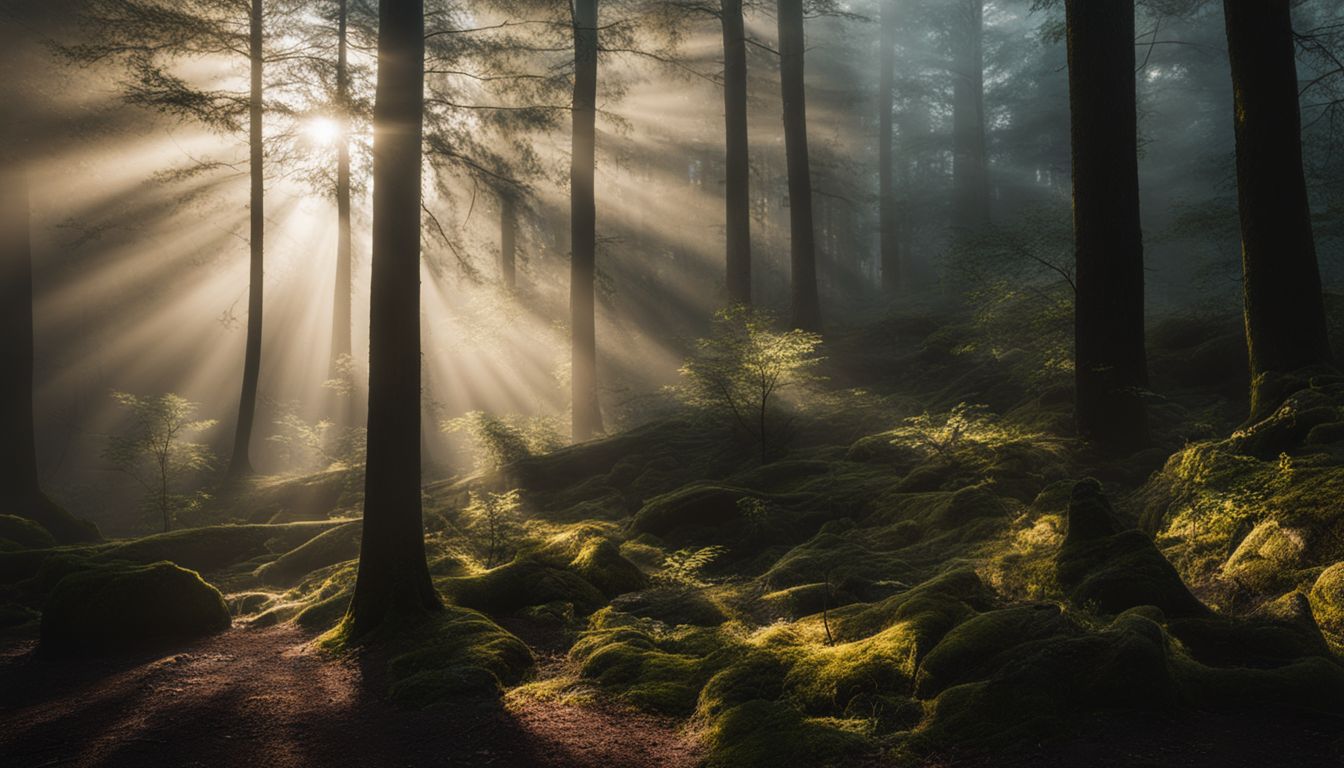 A captivating misty forest scene with sunlight streaming through the trees, showcasing a variety of natural elements and different styles.