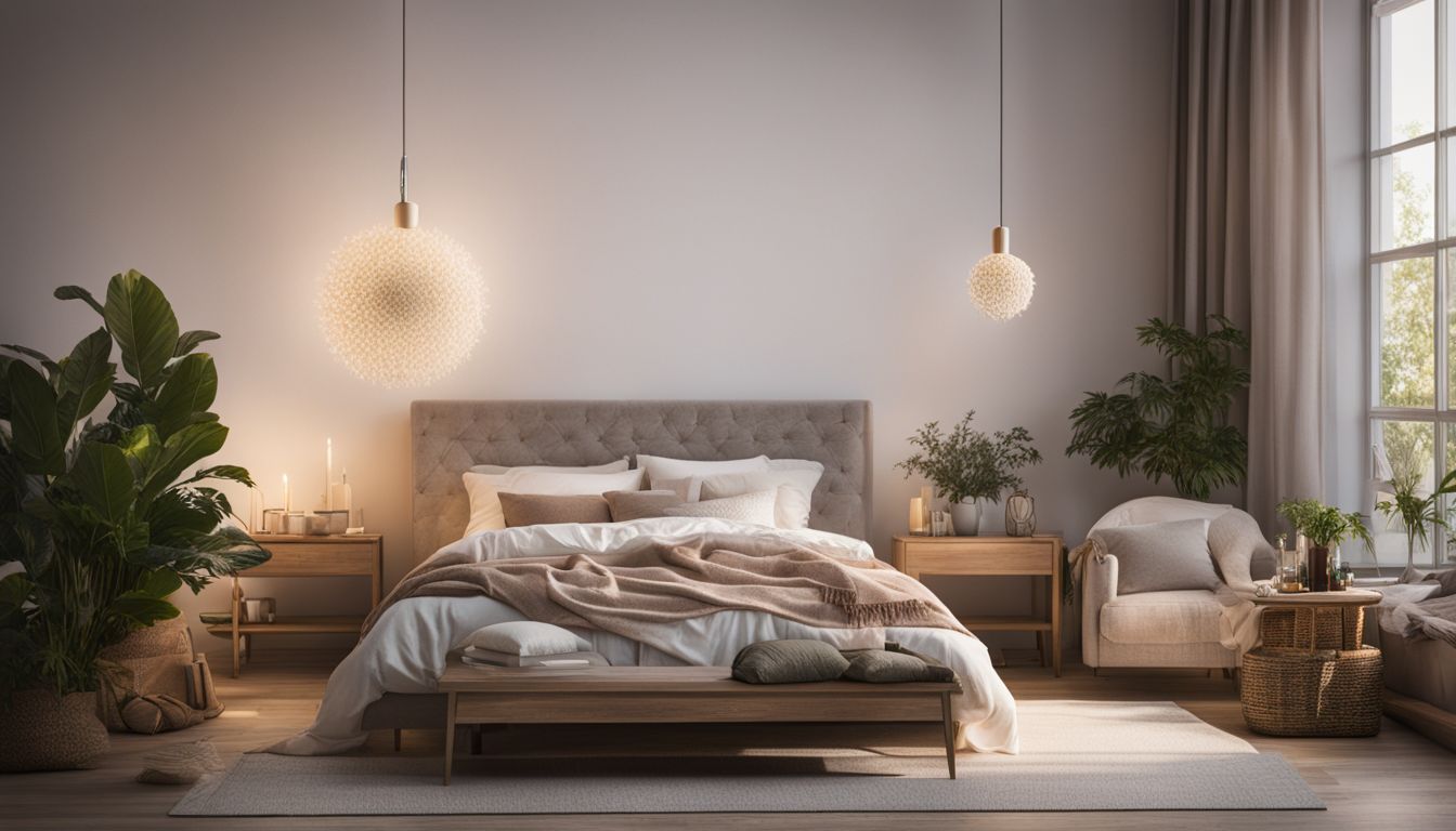 A tranquil bedroom with a diffuser releasing essential oils, creating a soothing atmosphere, without any humans in the scene.