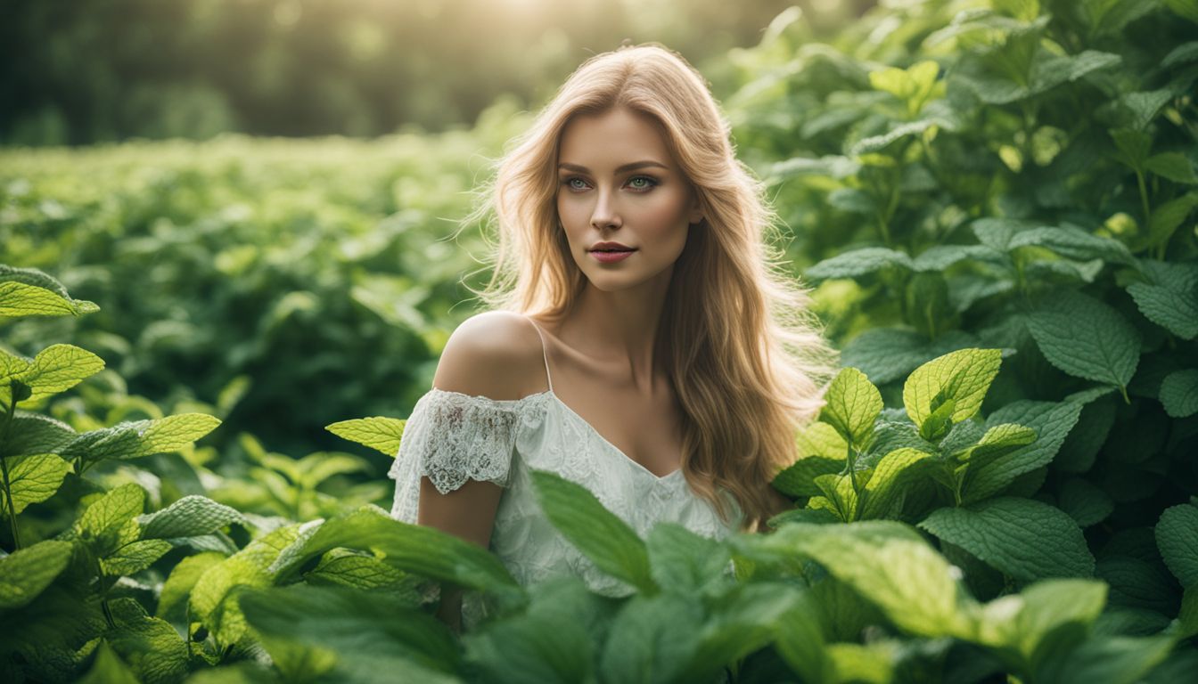 A vibrant peppermint field surrounded by lush green foliage, capturing the beauty of nature with different faces, hair styles, and outfits.