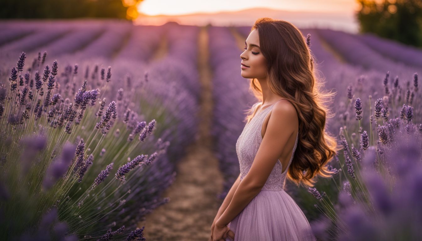 A tranquil lavender field at sunset, filled with diverse nature scenes, captured in high definition with the use of professional cameras.