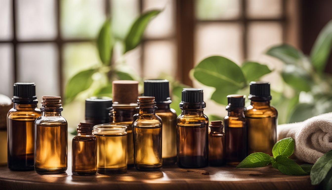 A still life photograph of various essential oil bottles in a spa-like environment, without any human presence.