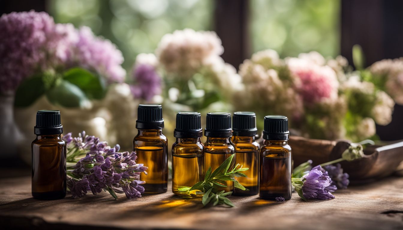 A collection of various essential oil bottles surrounded by fresh flowers on a wooden table.