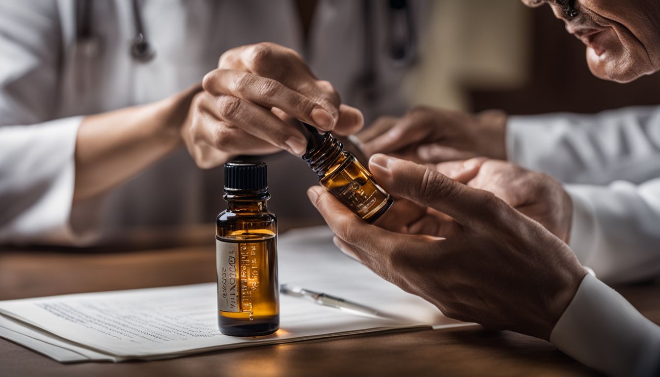 A healthcare professional with a vial of essential oil consults with a patient in a high-detail, professional setting.