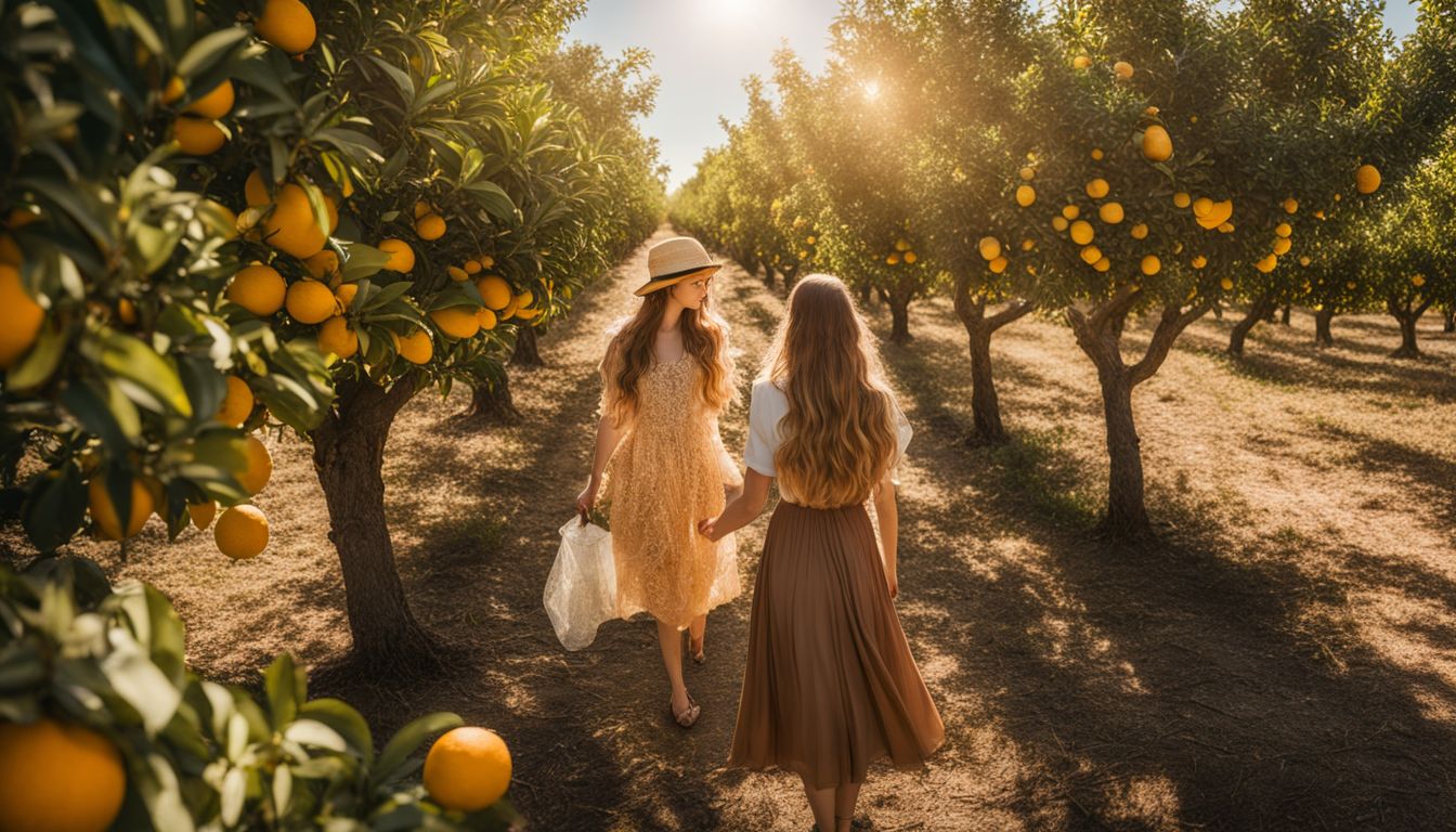 A vibrant citrus orchard in full bloom captured in a high-quality photo with various people and a bustling atmosphere.