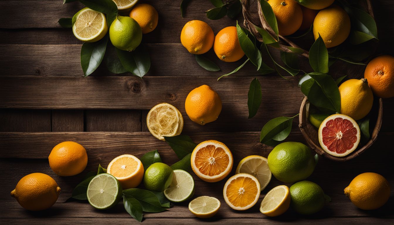 A vibrant arrangement of citrus fruits on a wooden table, captured in a photorealistic and cinematic style.