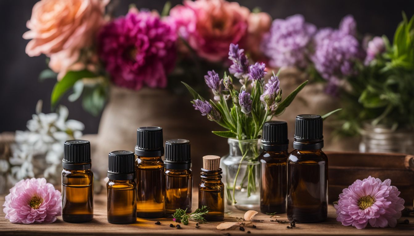 A still life photograph featuring fragrant essential oils surrounded by fresh flowers, with no humans present.