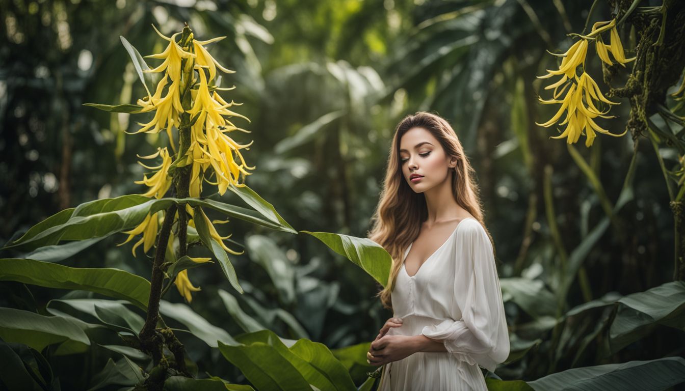 A photo of ylang-ylang flowers in a tropical garden with diverse faces, hairstyles, outfits, and a bustling atmosphere.