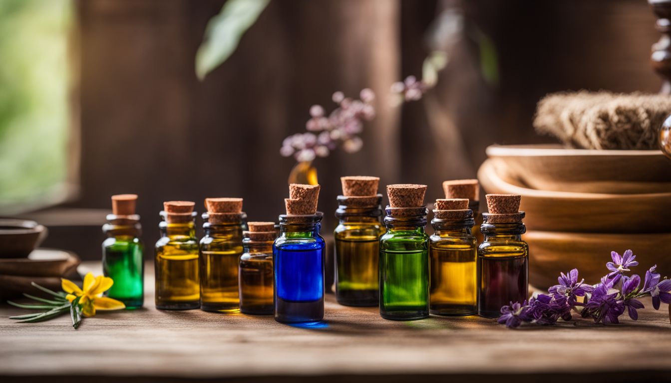 A variety of colorful essential oils arranged on a wooden table with natural elements in the background.