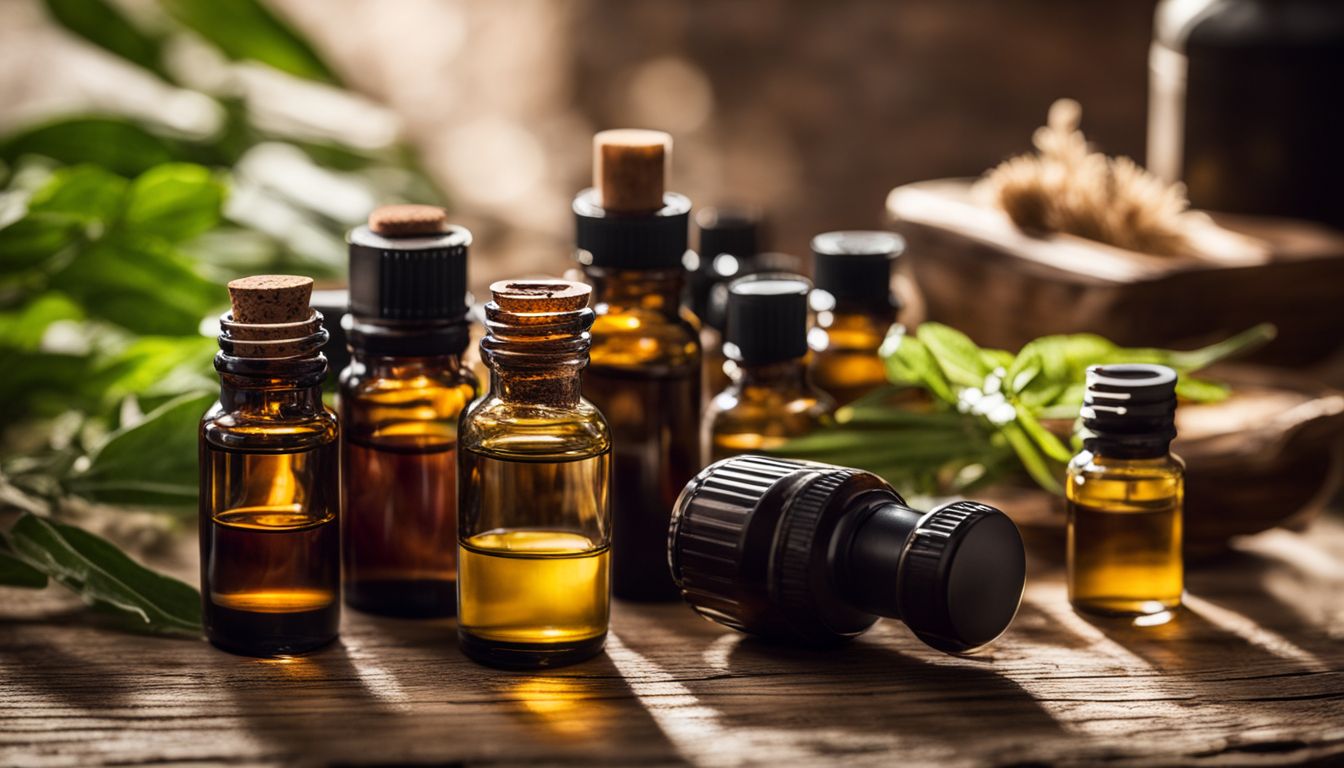 A photo of a collection of essential oils on a rustic wooden table, with various hairstyles, outfits, and faces.