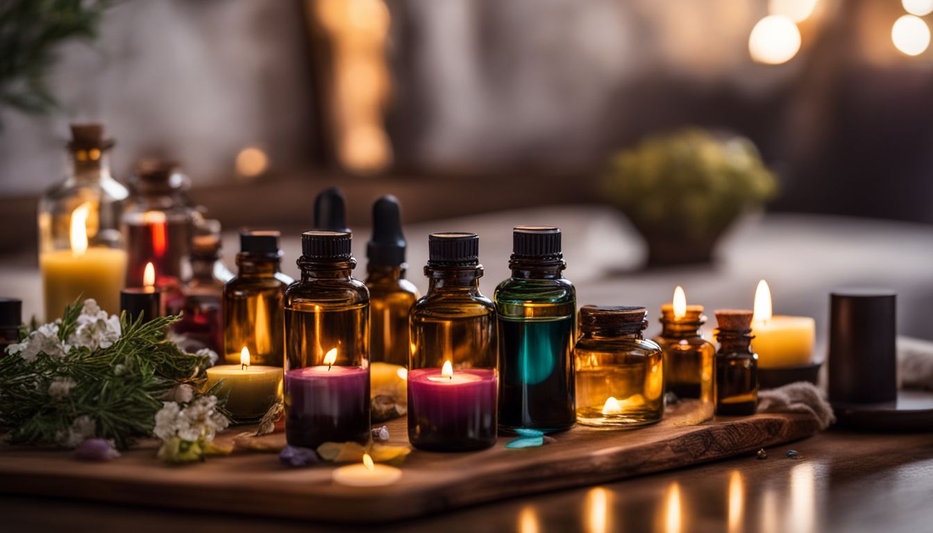 A vibrant collection of essential oil bottles with lit candles in the background, creating a colorful and aromatic still life.