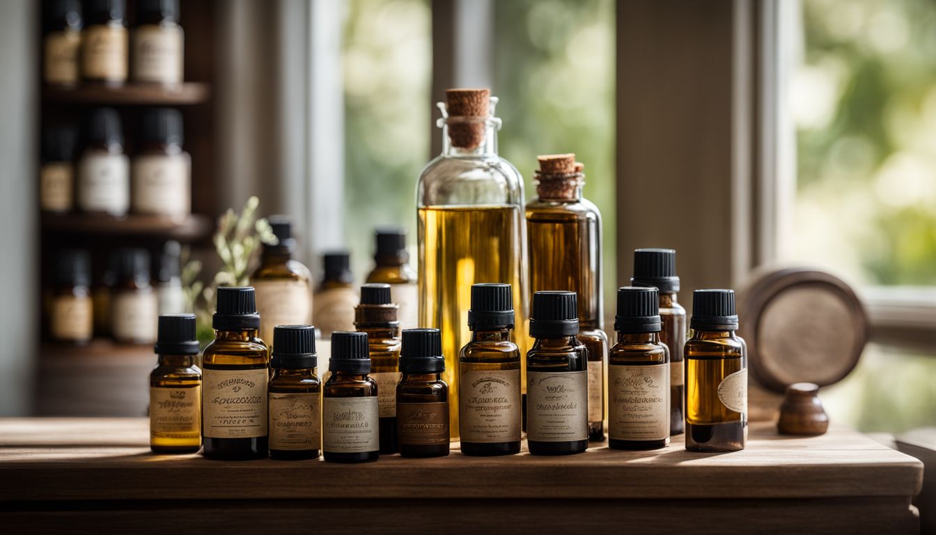 A still life photograph of various bottles of essential oils arranged on a wooden shelf.
