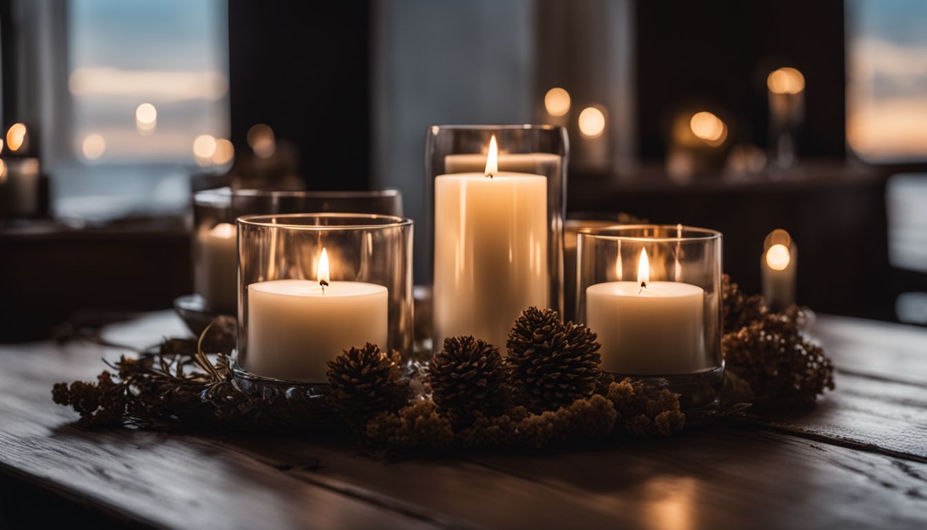 A photo of various types of candles on a wooden table with a scenic backdrop and no humans present.