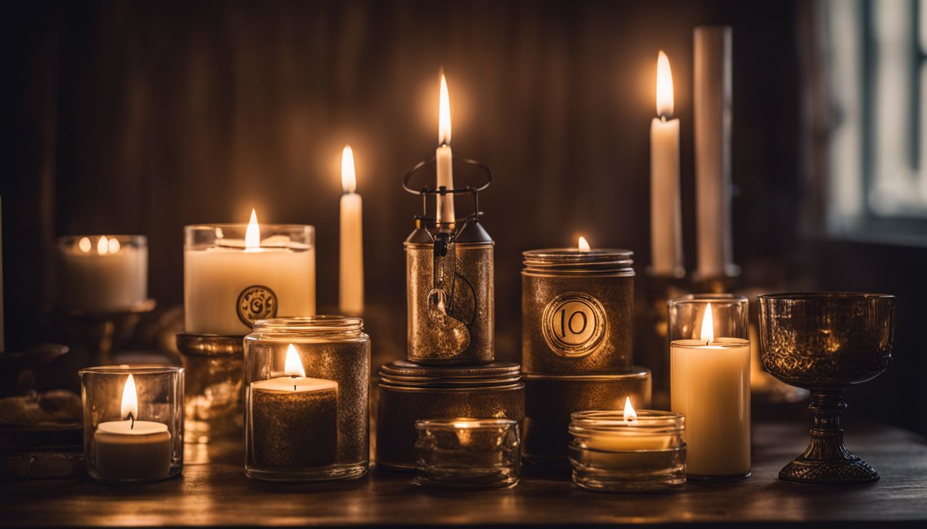 A vibrant still life composition featuring a variety of candles in different shapes and sizes.