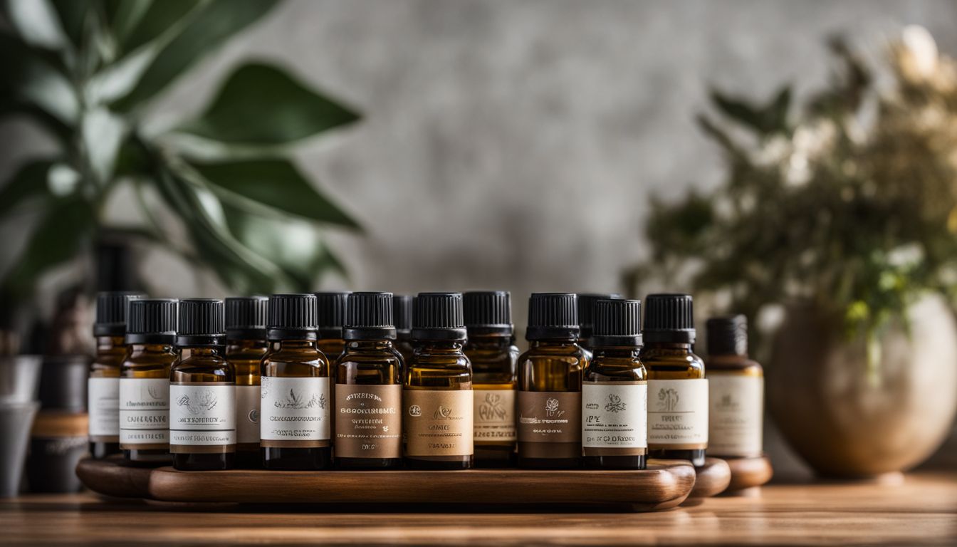 A collection of essential oil bottles arranged on a wooden shelf in a well-lit, natural setting.