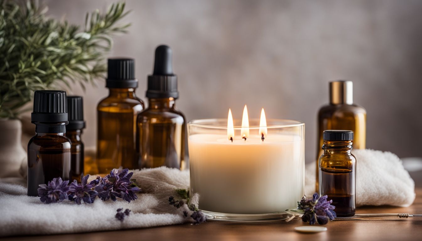 A still life photograph of a scented candle surrounded by essential oils and a thermometer, without humans.