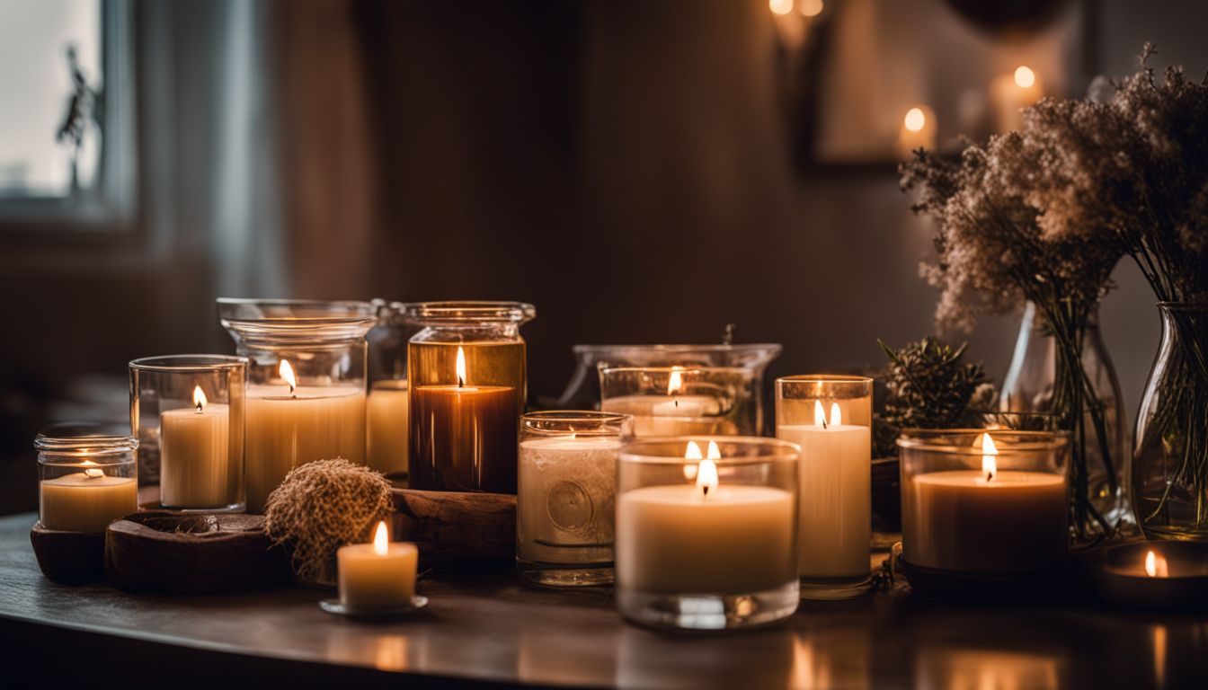 A diverse collection of scented candles arranged around a lit candle, captured in a vibrant and detailed photograph.