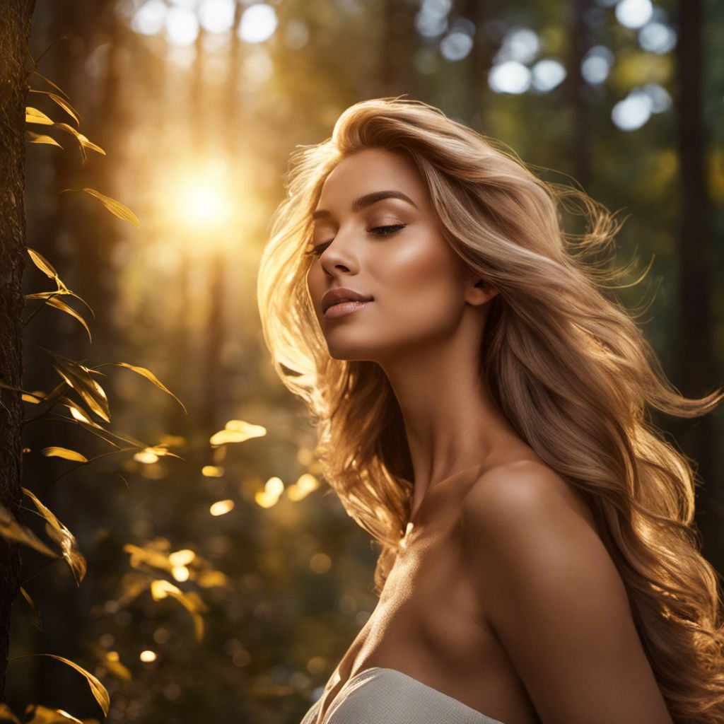 Woman with nourished hair in a serene forest, embracing natural beauty.