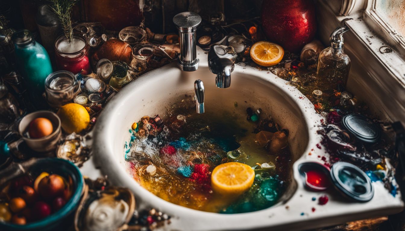 A chaotic sink overflowing with various objects and liquids.