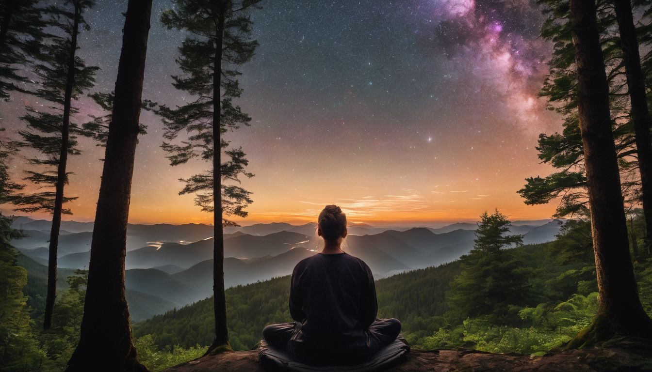 A person meditating under a star-filled sky in a lush forest.