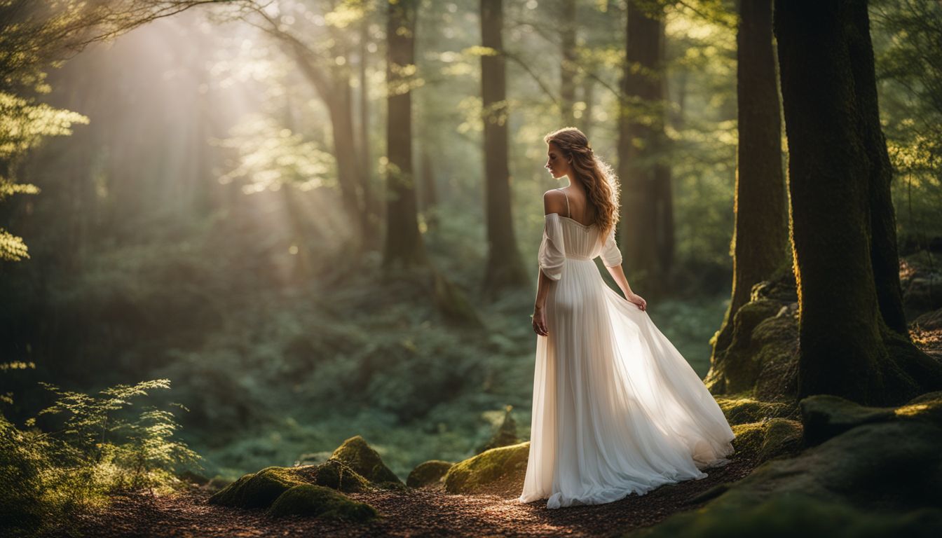 A Caucasian woman in a white dress poses in a forest.