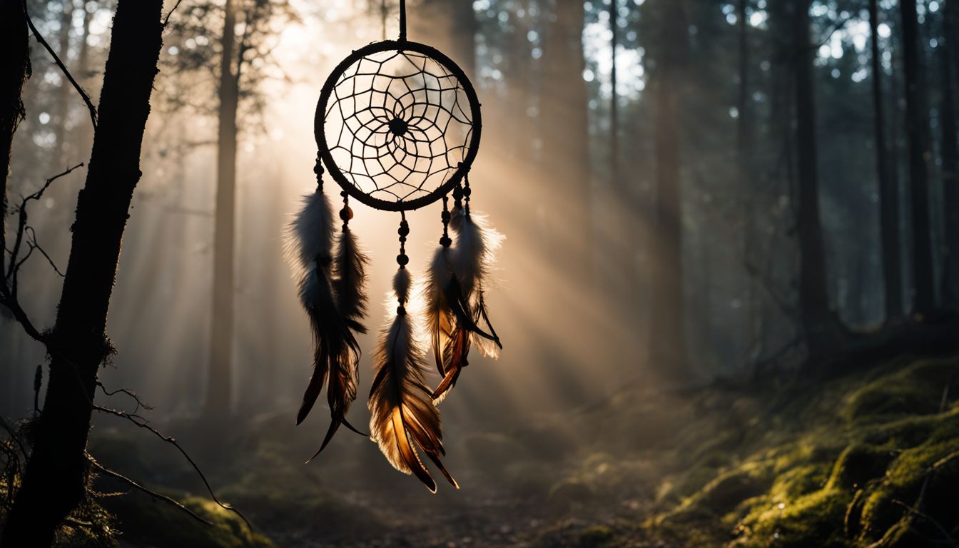 A mystical dreamcatcher hanging from a tree in a dark forest.