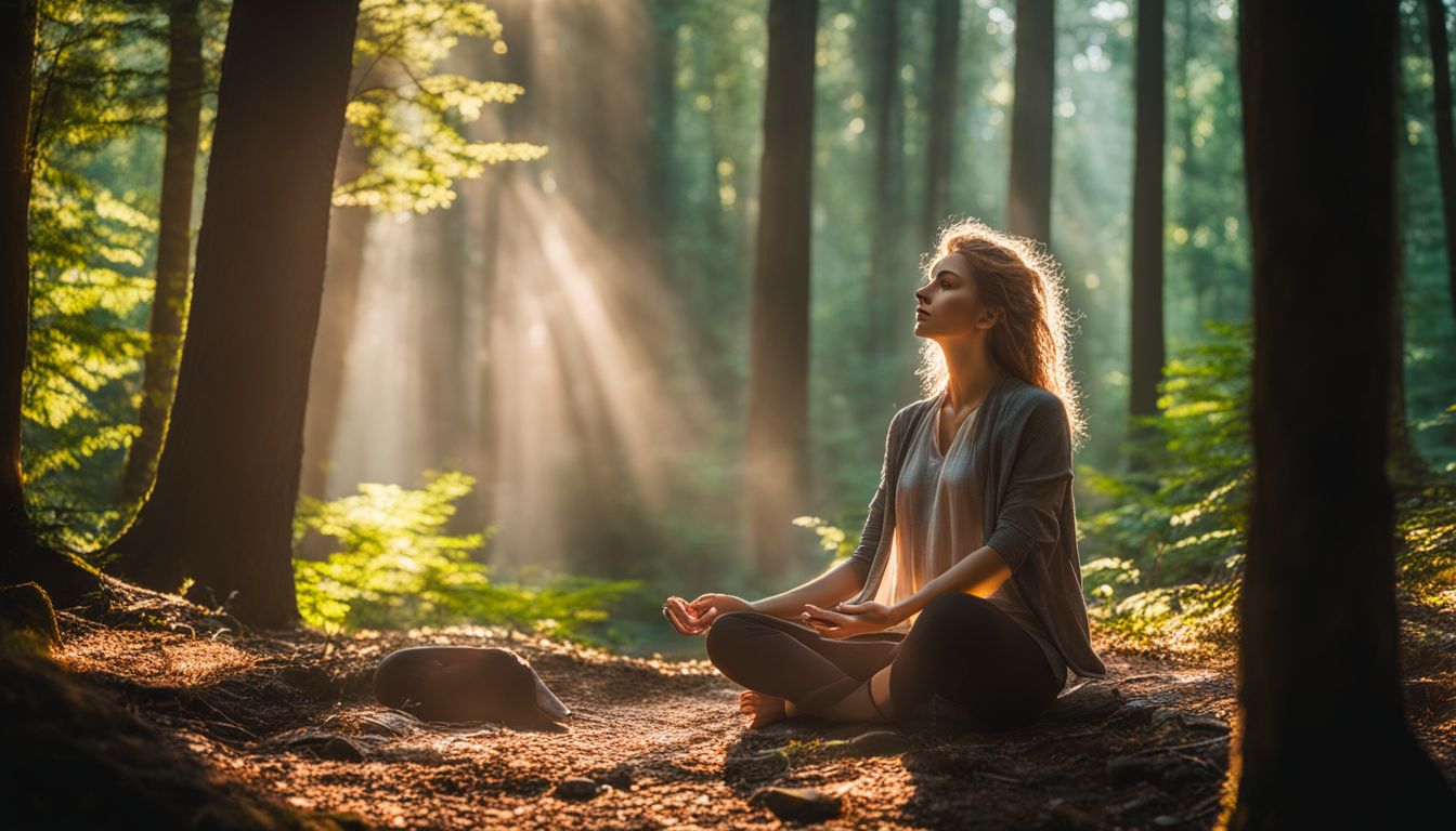 A Caucasian person meditates in a sunlit forest surrounded by nature.