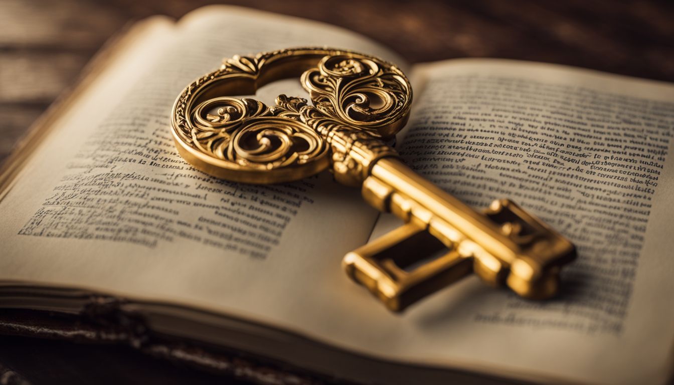 A golden key on an ancient book with diverse people and styles.