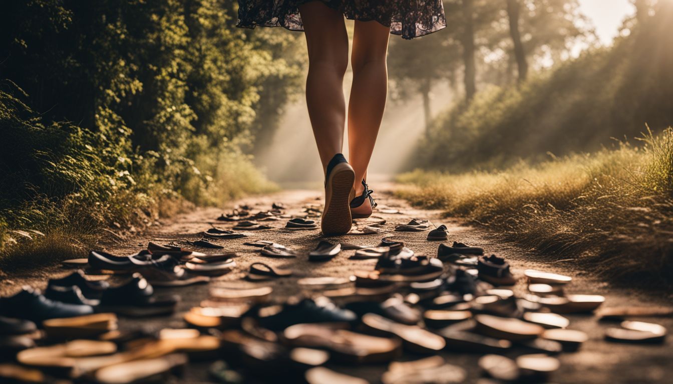 A person walking barefoot surrounded by various pairs of shoes.