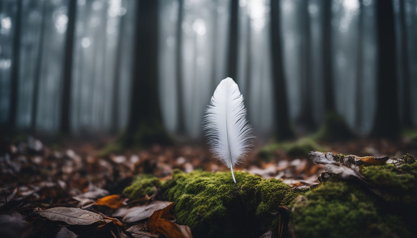 A serene forest scene with a white feather and diverse people.