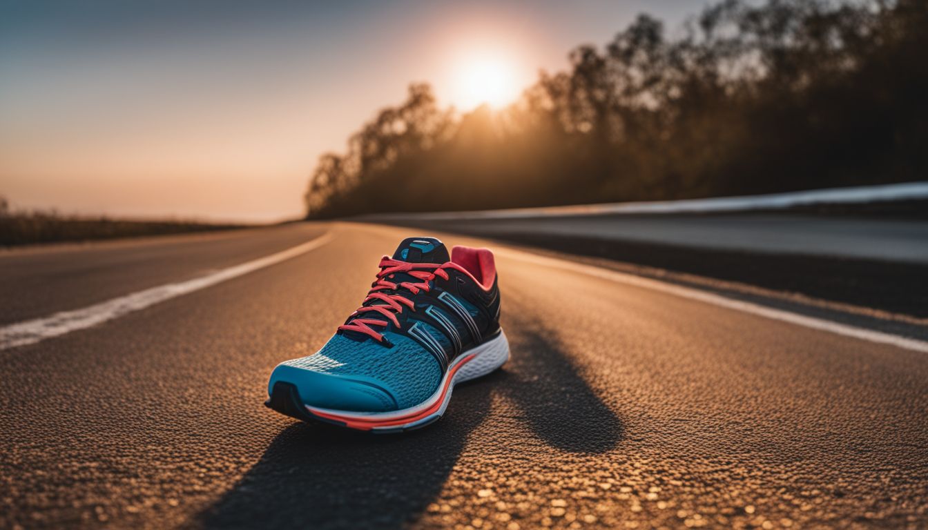 A photo of running shoes on a deserted road at sunrise.