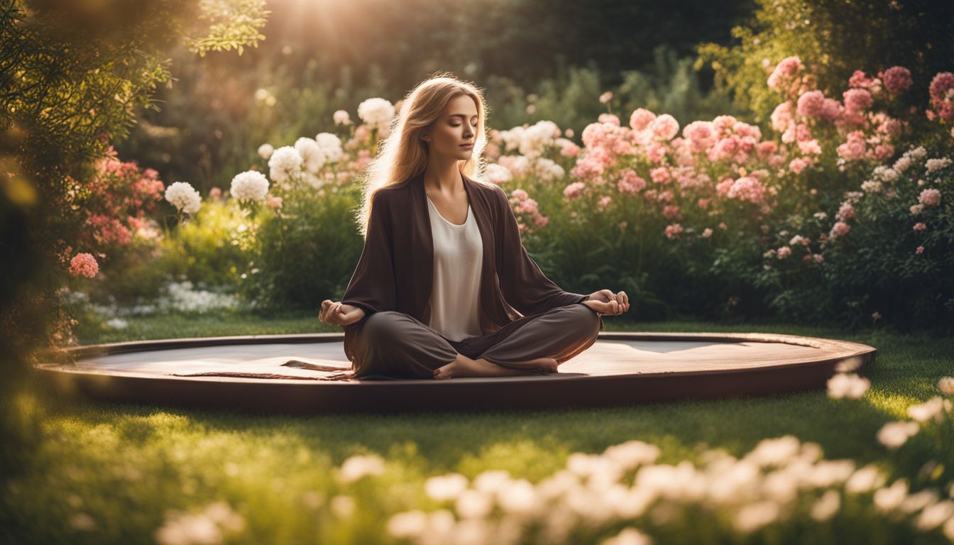 A person meditating in a peaceful garden surrounded by nature.