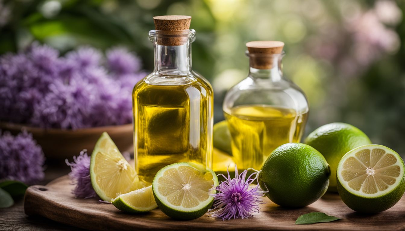 A still life photo featuring bergamot oil, citrus fruits, and flowers.