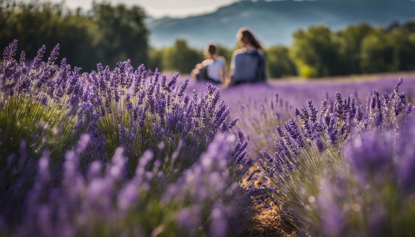 A field of lavender flowers with essential oil bottles and diffuser.