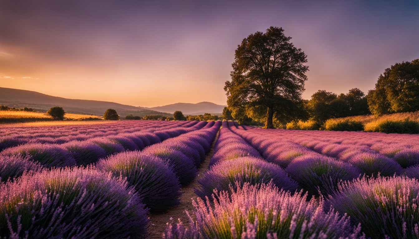A lavender field with essential oil bottles and diffusers.