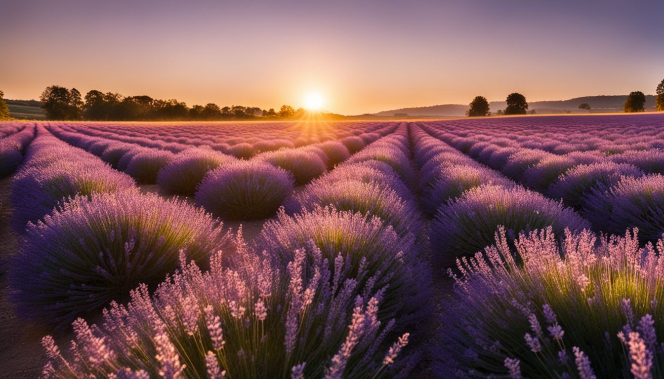 A captivating field of lavender flowers in full bloom at sunset.