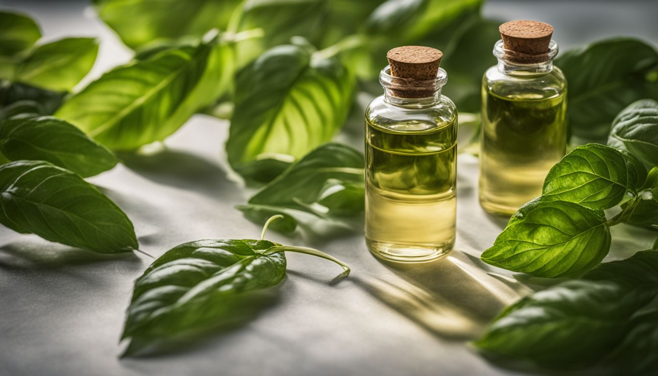 A photo of holy basil oil bottles surrounded by lush green leaves.