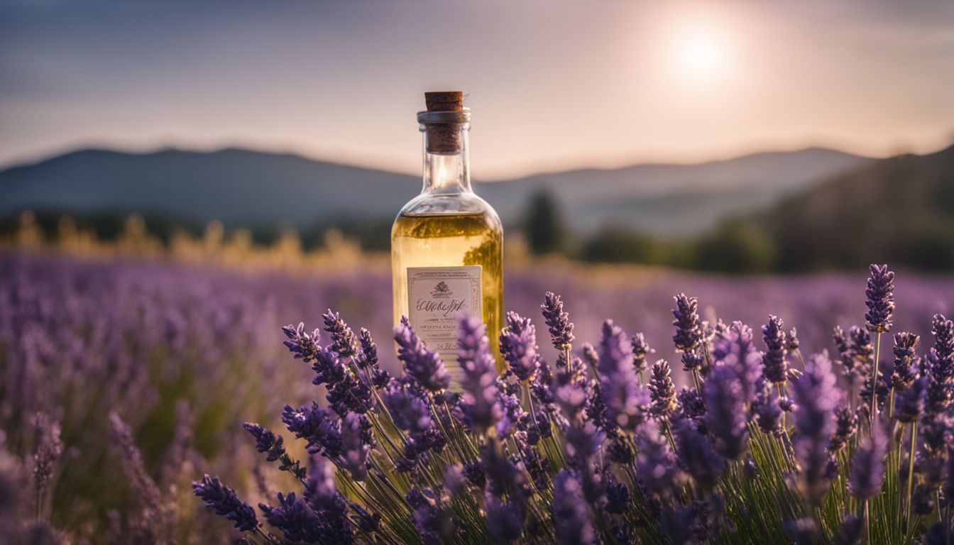 A field of blooming lavender with a bottle of lavender oil.