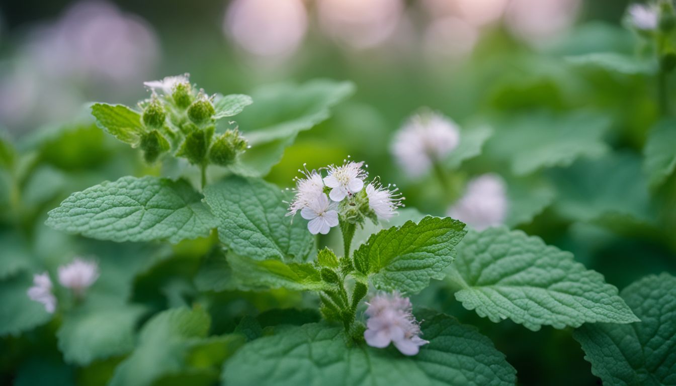 Close-up of lemon balm leaves and flowers in a bustling atmosphere.