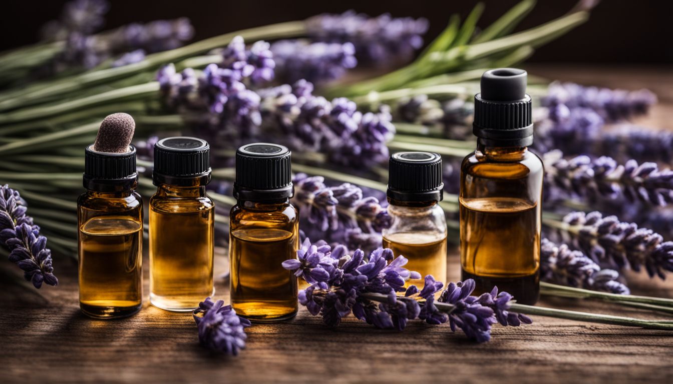 Bottles of essential oils surrounded by lavender flowers in nature.