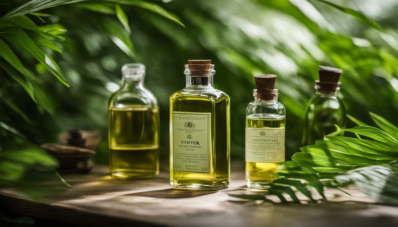 Vetiver oil bottles surrounded by lush green foliage in a bustling atmosphere.