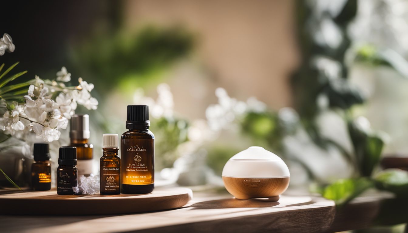 A photo of essential oils and diffuser in a natural setting.