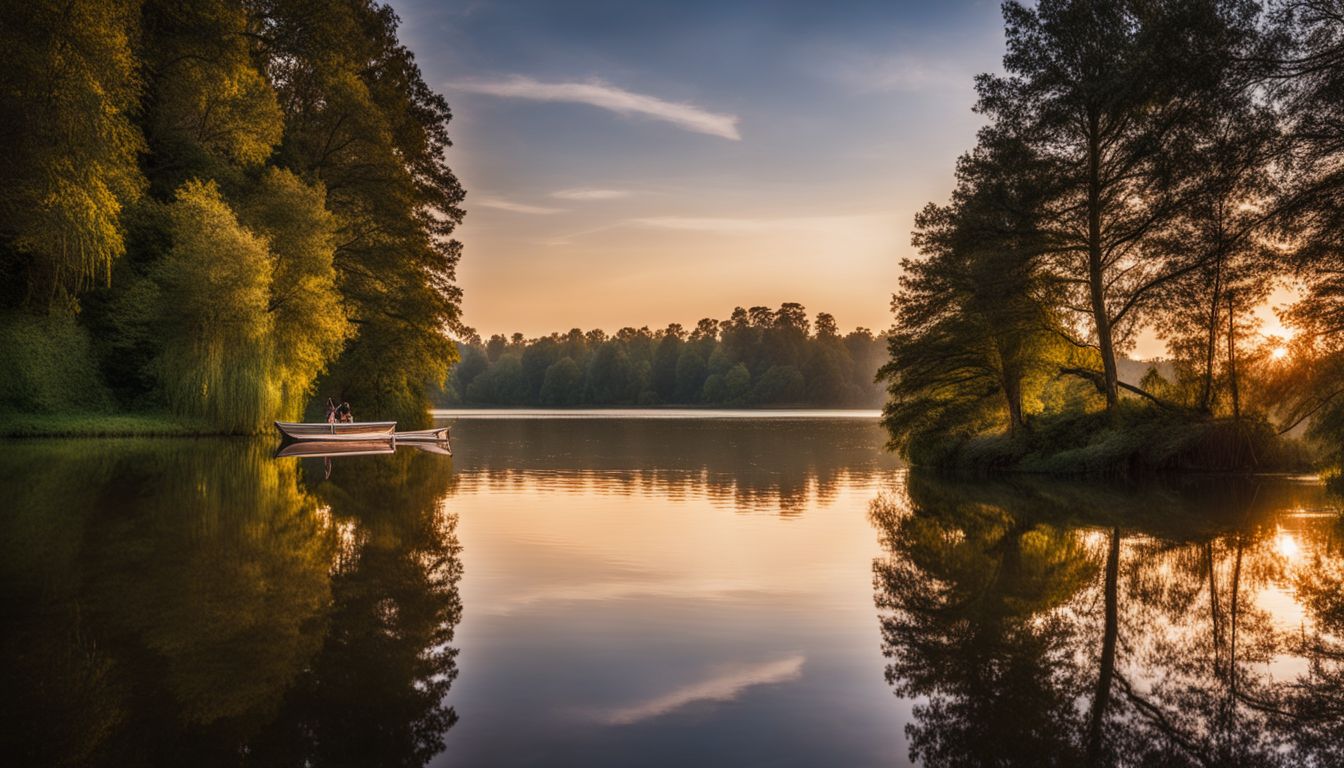 A serene sunset over a lake surrounded by lush trees.