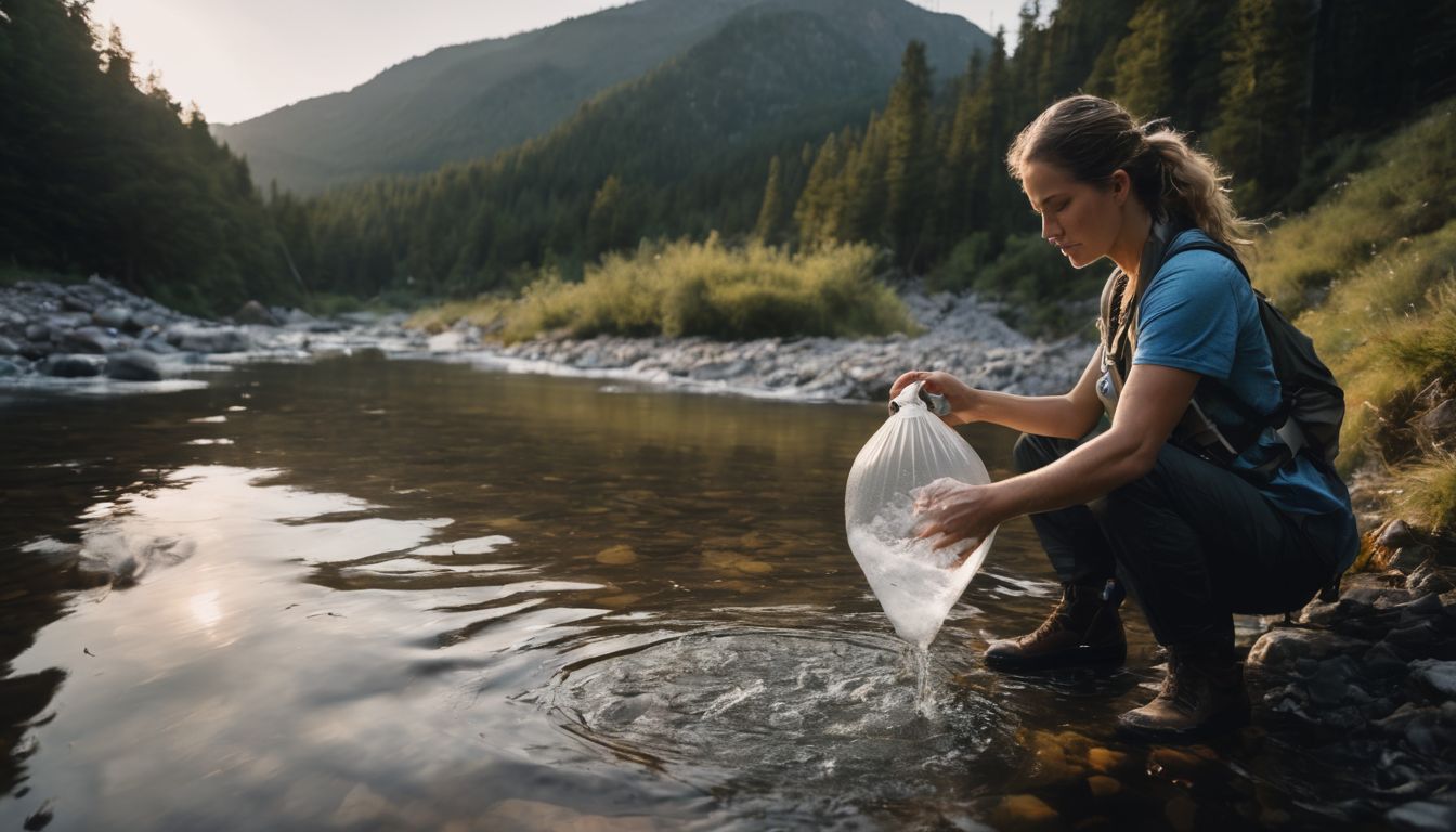 A person filters polluted river water using a survival water filter.
