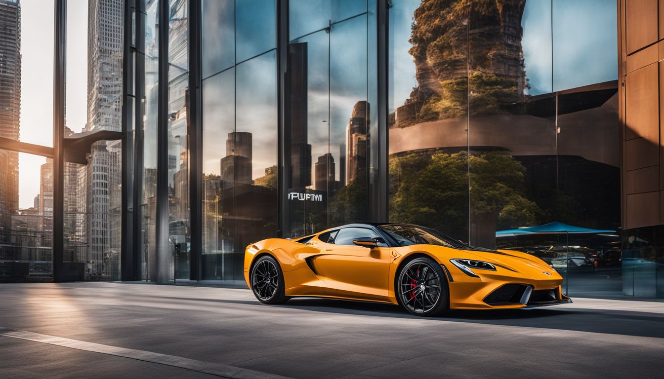 A luxury sports car parked outside a sleek showroom with a vibrant cityscape as the backdrop.