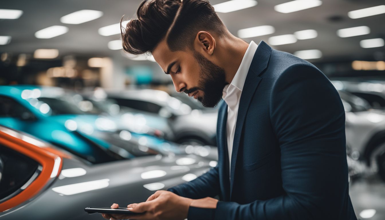 A person using a smartphone to browse a mobile-optimized auto dealership website in a bustling cityscape with various people and styles.