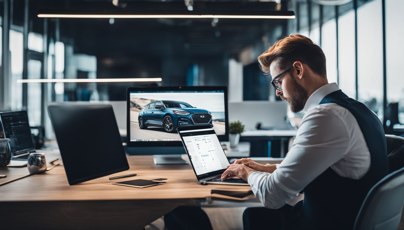 A car dealership owner uses a laptop in a modern office to analyze website analytics.