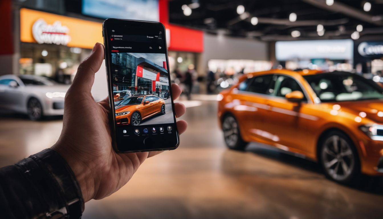 A person using a smartphone to interact with a dealership's social media page, surrounded by diverse cityscape photography.
